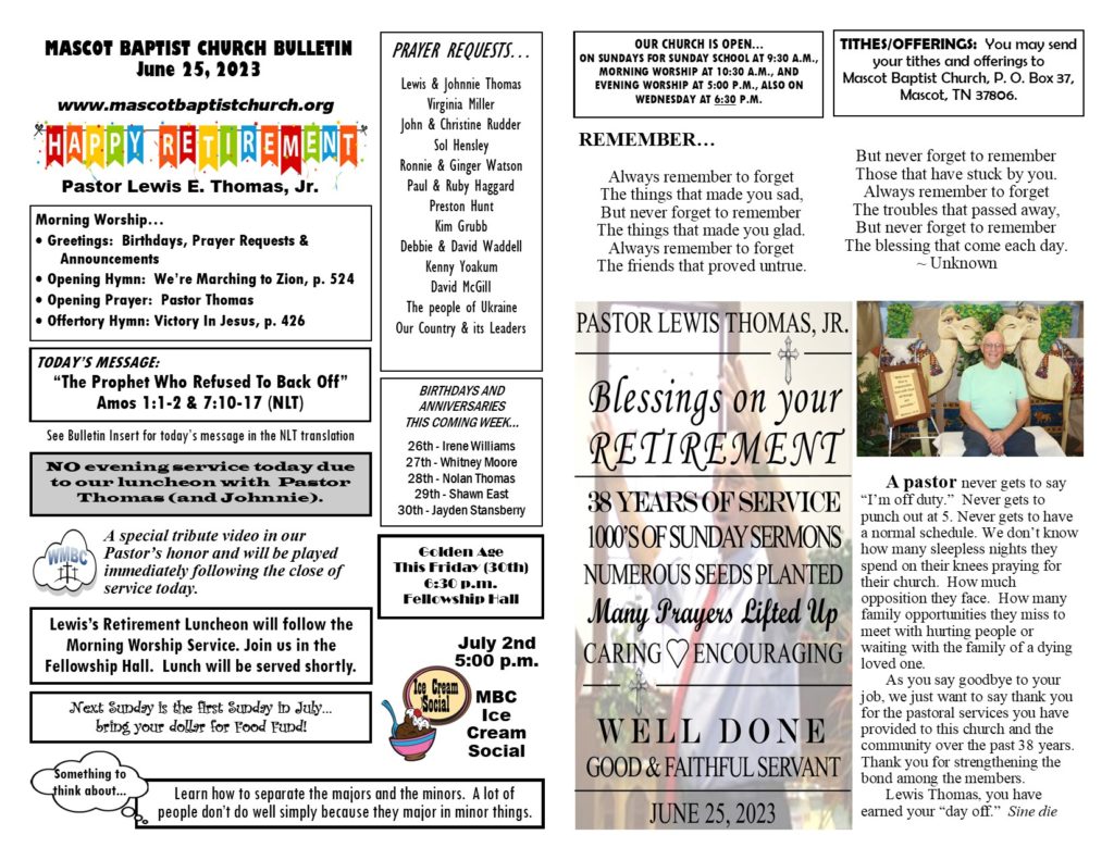 June 25, 2023 MBC Bulletin - Happy Retirement Pastor - Mascot Baptist ...